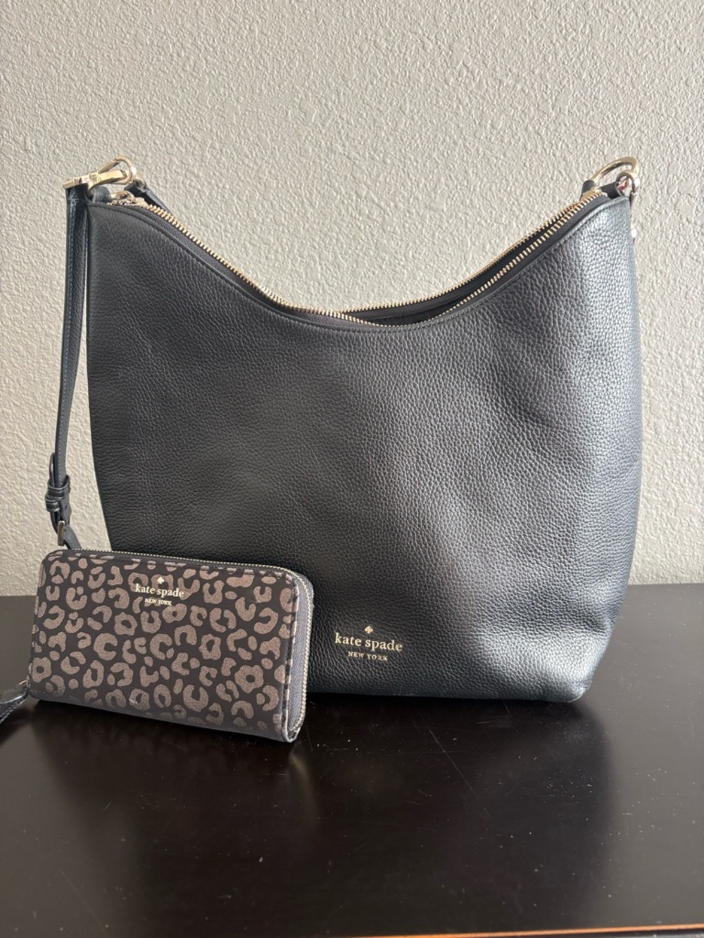 kate spade Black Leather Shoulder Hobo with Leopard-Print Wallet